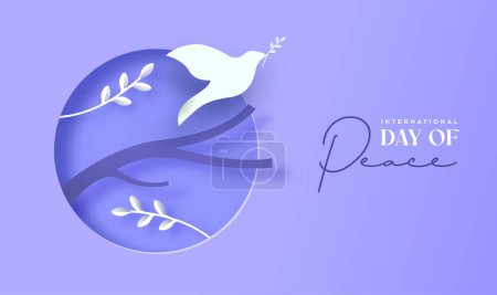 Internationaler Tag des Friedens Papercut Vektor Illustration der ausgeschnittenen weißen Taubenvogel Tiere auf Papier basteln Baumzweig auf violettem Hintergrund. Grafik zur Feier des Tages, der den Idealen des Friedens, des Respekts, der Gewaltlosigkeit und des Waffenstillstands gewidmet ist.