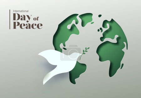 Illustration for International day of peace vector card illustration. 3D papercut world map and white dove bird symbol. Graphic design to celebrate the ideals of peace, respect, non-violence and cease-fire. - Royalty Free Image