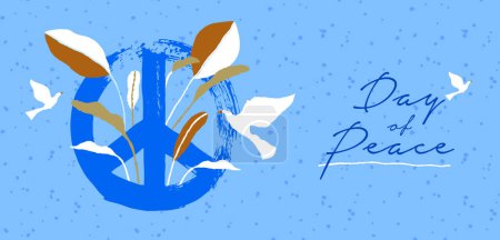 Illustration for International day of peace social banner design with peace symbol in blue and white doves in hand draw vector illustration. Graphic to celebrate the day dedicated to the ideals of peace, respect, non-violence and cease-fire. - Royalty Free Image
