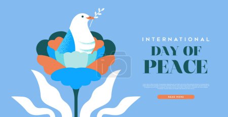 Illustration for International day of peace web template vector illustration of beautiful white dove bird inside colorful rose flower. Graphic design to celebrate the day dedicated to the ideals of peace, respect, non-violence and cease-fire. - Royalty Free Image