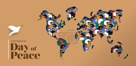 Illustration for International day of peace vector banner illustration. 3D papercut world map with diverse people group inside and white dove bird symbol. Graphic design to celebrate the ideals of peace, respect, non-violence and cease-fire. - Royalty Free Image