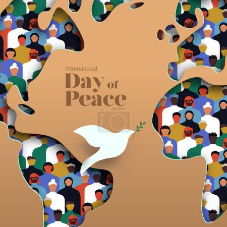 Illustration zum Internationalen Friedenstag im quadratischen Format. 3D papiergeschnittene Weltkarte mit verschiedenen Menschengruppen im Inneren und weißem Taubenvogelsymbol. Grafikdesign zur Feier der Ideale von Frieden, Respekt, Gewaltlosigkeit und Waffenstillstand.
