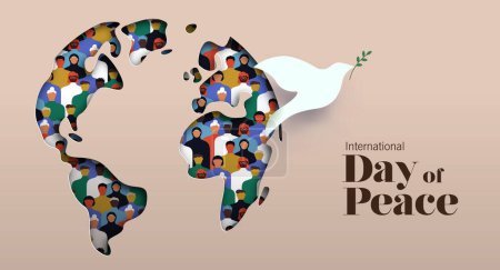 Illustration for International day of peace vector card illustration. 3D papercut world map with diverse people group inside and white dove bird symbol. Graphic design to celebrate the ideals of peace, respect, non-violence and cease-fire. - Royalty Free Image