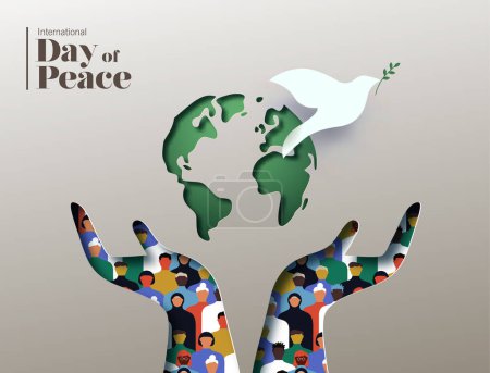 Illustration for International day of peace vector card illustration. Hands with diverse people group inside in papercut design, world map and white dove symbol concept. Poster celebrate the ideals of peace, respect, non-violence and cease-fire. - Royalty Free Image