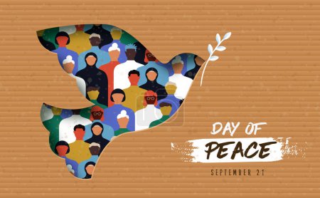 Illustration for International day of peace paper cut vector card illustration. Dove bird symbol with diverse people group. Graphic design concept to celebrate the  ideals of peace, respect, non-violence and cease-fire. - Royalty Free Image