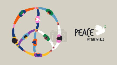 El colorido y diverso grupo de personas cogiéndose de la mano en un gran círculo redondo forma el símbolo de la paz y el amor. Ilustración de banderas de vectores de arte plano para celebrar los ideales de paz, respeto, no violencia y alto el fuego