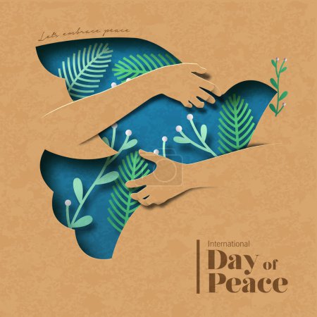 El día internacional del papel de paz cortó la tarjeta vectorial ilustración de brazos humanos abrazando al animal pájaro paloma. Concepto de diseño gráfico para celebrar los ideales de paz, respeto, no violencia y alto el fuego.