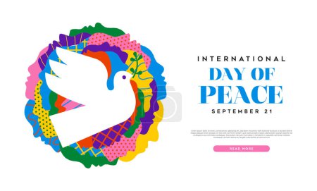 Illustration for International day of peace social web banner illustration. Colorful people faces together in creative art colors with white dove on isolated background for diverse social group to celebrate the ideals of peace, respect, non-violence and ceasefire. - Royalty Free Image