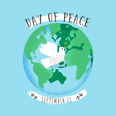 Ilustración de Día internacional de la paz tarjeta vector ilustración del mundo verde con pájaro paloma blanca en el interior. Concepto de diseño de carteles para celebrar los ideales de paz, respeto, no violencia y alto el fuego. - Imagen libre de derechos