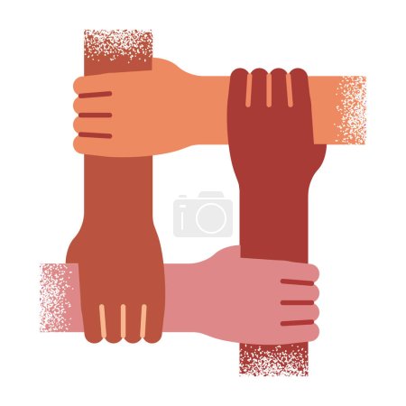 Diversidad e igualdad concepto vector ilustración. Tomando las manos de diferentes colores de piel símbolo de gesto en el estilo de diseño plano sobre fondo aislado blanco. Uso para la idea de cooperación, solidaridad, migración y multiétnica.