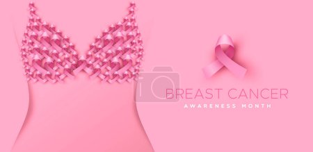 Téléchargez les photos : Illustration de la bannière du Mois de la sensibilisation au cancer du sein du corps rose de la femme avec design de sous-vêtements de rubans roses 3d. Concept de campagne d'octobre pour la prévention ou les soins de santé aux femmes. - en image libre de droit