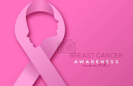 Téléchargez les photos : Illustration vectorielle de sensibilisation au cancer du sein concept de ruban rose découpé en papier 3D avec la forme du visage de la femme. Conception moderne de papier artisanal pour le soutien de la santé des femmes. - en image libre de droit