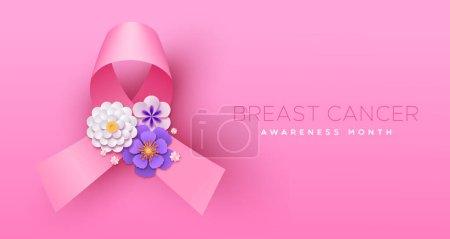 Téléchargez les photos : Modèle vectoriel du Mois de la sensibilisation au cancer du sein illustration de fleurs printanières découpées en papier 3D avec symbole de ruban rose. Concept de campagne d'octobre pour la prévention ou les soins de santé aux femmes. - en image libre de droit