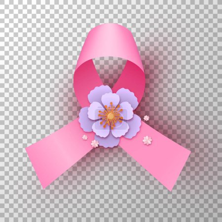 Téléchargez les photos : Ruban rose symbole de la sensibilisation au cancer du sein dans le style de coupe de papier 3d et fleur. Élément isolé sur fond transparent. Concept de campagne d'octobre pour la prévention ou les soins de santé aux femmes. - en image libre de droit