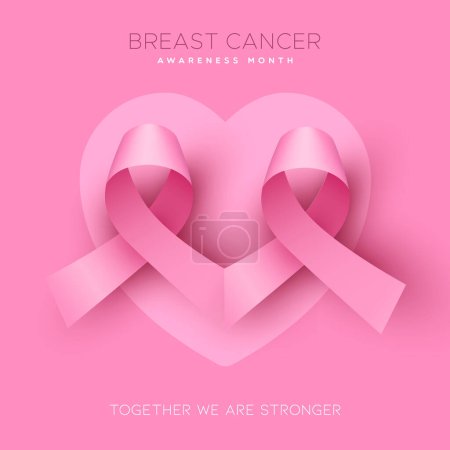 Téléchargez les photos : Illustration de carte vectorielle de sensibilisation au cancer du sein concept de ruban rose 3d, forme de coeur sur fond rose isolé. Conception moderne pour les femmes soutien des soins de santé et citer ensemble, nous sommes plus forts. - en image libre de droit