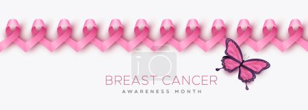 Téléchargez les photos : Breast Cancer Awareness web banner vecteur illustration concept de rubans roses 3d unis en motif sans couture et papillon sur fond blanc isolé. Conception moderne pour le soutien des soins de santé aux femmes. - en image libre de droit