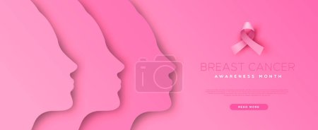Téléchargez les photos : Modèle vectoriel de bannière Web de mois de sensibilisation au cancer du sein. Papier découpe femme tête et ruban rose style 3d. Concept de campagne d'octobre pour la prévention ou les soins de santé aux femmes. - en image libre de droit