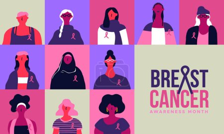Téléchargez les photos : Illustration de la carte de vœux du mois de sensibilisation au cancer du sein. Des femmes de cultures, de races et d'âges différents se sont unies pour la même cause. Ensemble, nous sommes plus forts pour la campagne de soutien octobre. - en image libre de droit