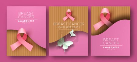 Téléchargez les photos : Mois de sensibilisation au cancer du sein papier rose coupé jeu de cartes de vœux. Ruban et papillon rose découpé en papier 3D sur une texture en carton recyclé dans un style de fond découpé. Concept de campagne d'octobre pour la prévention ou les soins de santé aux femmes. - en image libre de droit