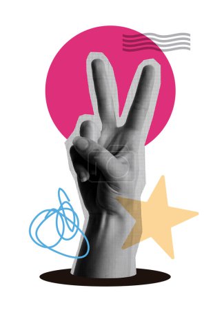 Hand zeigt Siegeszeichen im Retro-Collage-Stil. Zwei Finger in V für die Siegesgeste. Vektor Bild zeitgenössisches Designkonzept.