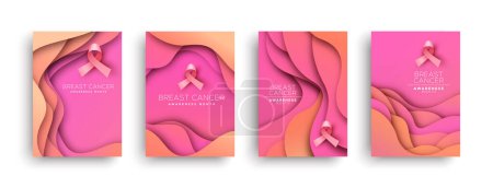Téléchargez les photos : Mois de sensibilisation au cancer du sein papier rose coupé jeu de cartes de vœux. Ruban rose 3D dans le style de fond découpé. Collecte du concept de campagne d'octobre pour la prévention ou le soutien aux soins de santé pour les femmes. - en image libre de droit