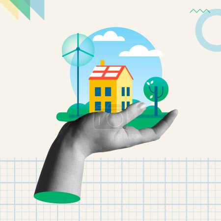 Illustration for Clean and renewable energy vector card illustration. Human hand holding a solar panel and wind powered in natural landscape in trendy halftone retro collage 90s style and flat art elements. Concept of environment; sustainability and eco friendly. - Royalty Free Image