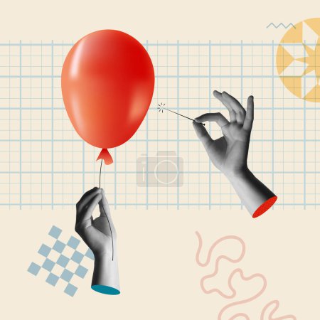 Illustration for Hand with needle bursts the red balloon vector card illustration. Human hands in trendy halftone retro collage mixed media 90s style and flat elements design. Concept of business, finance and crisis. - Royalty Free Image