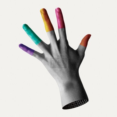 Téléchargez les photos : Doigts de différentes couleurs dans l'illustration vectorielle. Ouvrir geste de la main humaine avec des membres colorés dans le style tendance demi-ton rétro collage mixte des années 90. - en image libre de droit