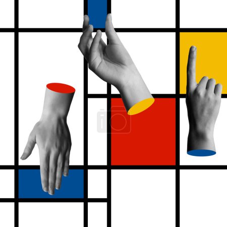 Téléchargez les photos : Illustration vectorielle d'art abstrait inspirée de Mondrian. Mains humaines aux formes géométriques colorées dans un style rétro mi-ton rétro collage mixte des années 90. Concept pour galerie, école ou exposition d'art - en image libre de droit