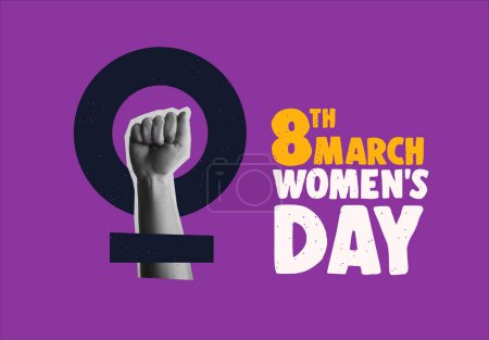 Téléchargez les photos : Journée internationale de la femme 8 mars illustration de carte. Symbole féminin féministe pour l'égalité des droits et le pouvoir des femmes. Main humaine dans le style branché de collage de demi-teinte mixte des années 90. - en image libre de droit