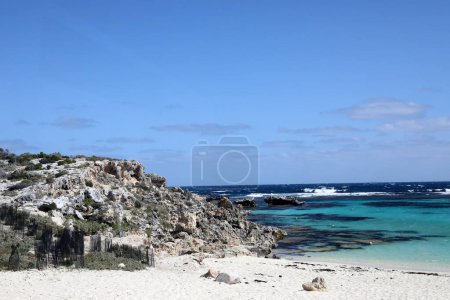 Foto de Hermosa imagen costera de Rottnest Island frente a la costa de Australia Occidental. Mostrando agua clara, olas, rocas calizas y vegetación - Imagen libre de derechos
