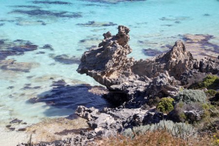 Foto de Hermosa imagen costera de Rottnest Island frente a la costa de Australia Occidental. Mostrando agua clara, olas, rocas calizas y vegetación - Imagen libre de derechos