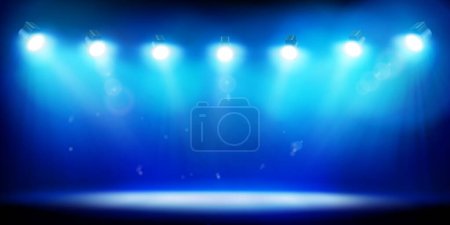 Spotlights illuminating an empty stage in the stadium. Blue background. Place for the exhibition. Vector illustration.