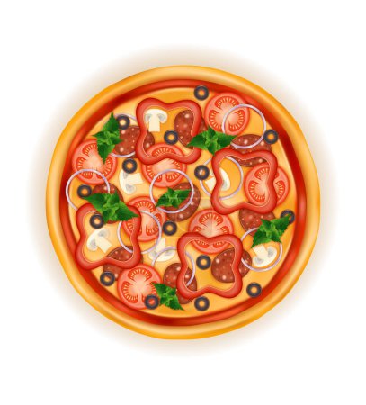 Illustration for Big round pizza with cheese tomato salami olive champignon onion stock vector illustration isolated on white background - Royalty Free Image
