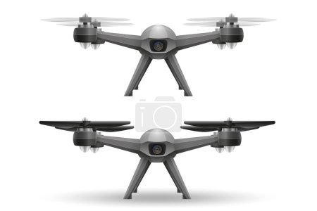 Téléchargez les illustrations : Drone mobile aérien quadcopter smart quadrocopter pour la vidéo et la prise de photos illustration vectorielle isolée sur fond blanc - en licence libre de droit