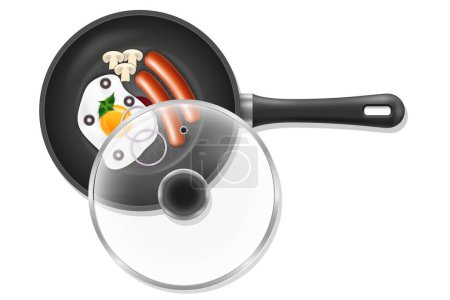 Illustration for Fried roast egg and sausages in a pan skillet with vegetables stock vector illustration isolated on white background - Royalty Free Image