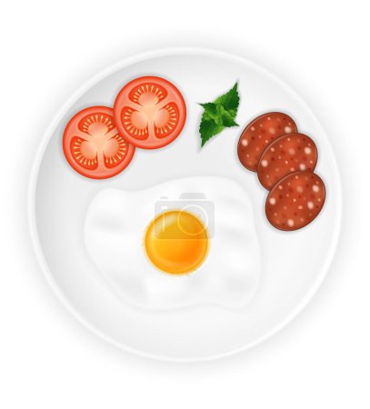 Illustration for Fried roast egg and sausages on a plate with vegetables stock vector illustration isolated on white background - Royalty Free Image