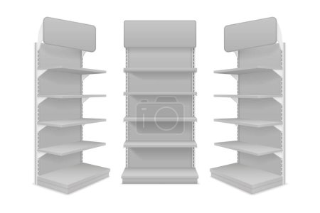Ilustración de Estantes de la tienda estantes para la venta de mercancías en una ilustración vectorial tienda aislado en fondo blanco - Imagen libre de derechos