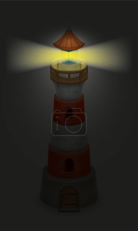 Téléchargez les illustrations : Old stone lighthouse for signaling ships at night vector illustration isolated on white background - en licence libre de droit