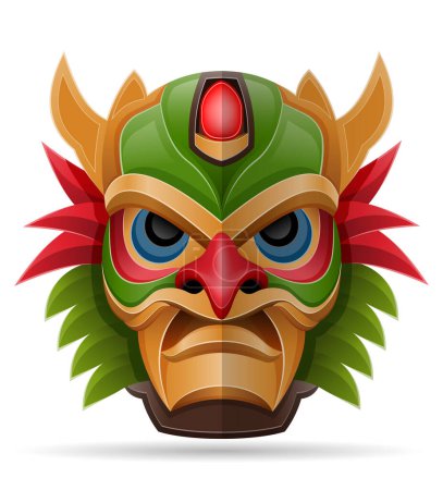 Illustration for Tiki mask hawaiian ancient tropical totem head face idol made of wood vector illustration isolated on white background - Royalty Free Image