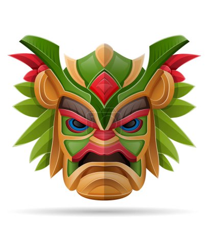 Téléchargez les illustrations : Tiki masque hawaïen antique totem tropical tête visage idole en bois vecteur illustration isolé sur fond blanc - en licence libre de droit