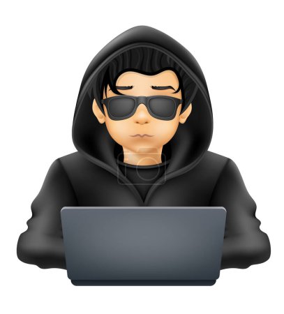 Téléchargez les illustrations : Jeune programmeur pirate il codeur spécialiste assis à un ordinateur portable dans un pull avec une illustration vectorielle de capuche - en licence libre de droit