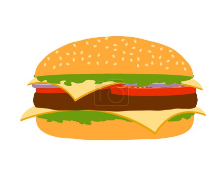 Téléchargez les illustrations : Hamburger classique avec oignon tomate haché de viande et fromage dans une illustration vectorielle de bouillon isolé sur fond blanc - en licence libre de droit