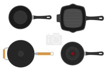 Téléchargez les illustrations : Poêle à frire pour la nourriture de friture sur le feu illustration vectorielle isolé sur fond blanc - en licence libre de droit