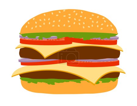 Téléchargez les illustrations : Hamburger classique avec oignon tomate haché de viande et fromage dans une illustration vectorielle de bouillon isolé sur fond blanc - en licence libre de droit