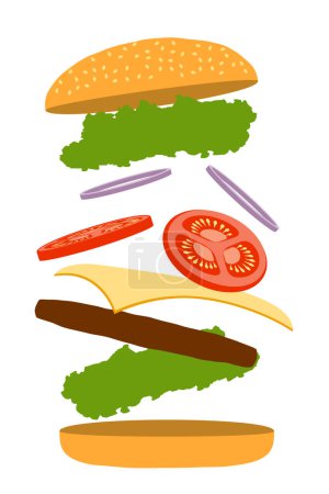 Ilustración de Hamburguesa clásica con carne picar cebolla de tomate y queso en un bollo vector ilustración aislado sobre fondo blanco - Imagen libre de derechos
