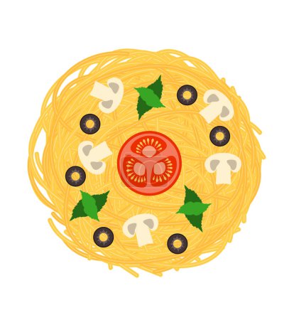 Ilustración de Espaguetis de pasta de macarrones cocidos con verduras ilustración vector de stock aislado sobre fondo blanco - Imagen libre de derechos