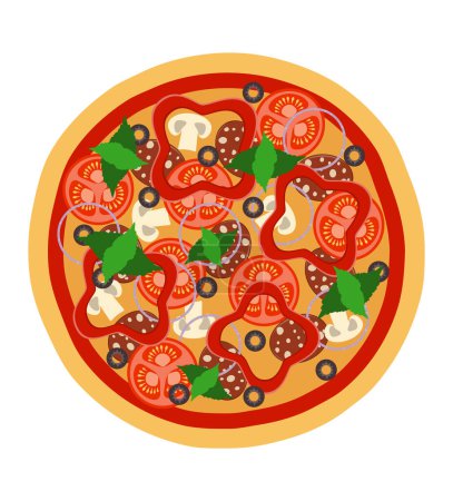Illustration for Big round pizza with cheese tomato salami olive champignon onion stock vector illustration isolated on white background - Royalty Free Image