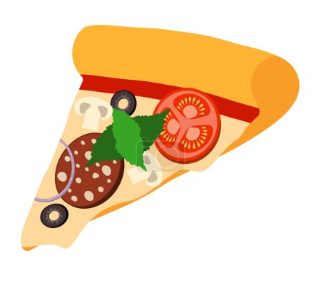 Téléchargez les illustrations : Grande pizza ronde au fromage tomate salami olive champignon oignon stock vecteur illustration isolé sur fond blanc - en licence libre de droit