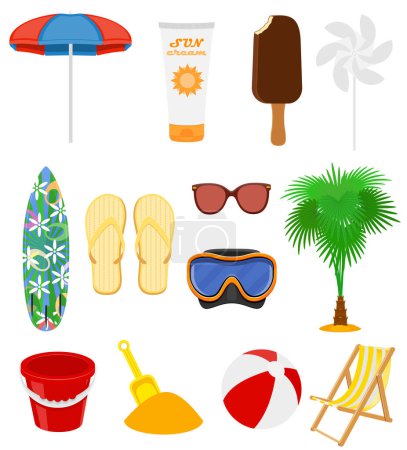 Illustration for Beach and sea summer leisure objects stock vector illustration isolated on white background - Royalty Free Image